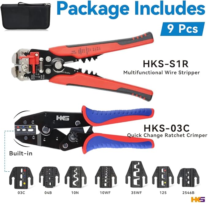 HKS Ratcheting Crimping Tool Set 9 PCS with Automatic Wire Stripper and Quick Exchange Jaw for Heat Shrink Terminals, Open Barrel, Solar Connector, Insulated and Non-Insulated Ferrules AWG 20-2