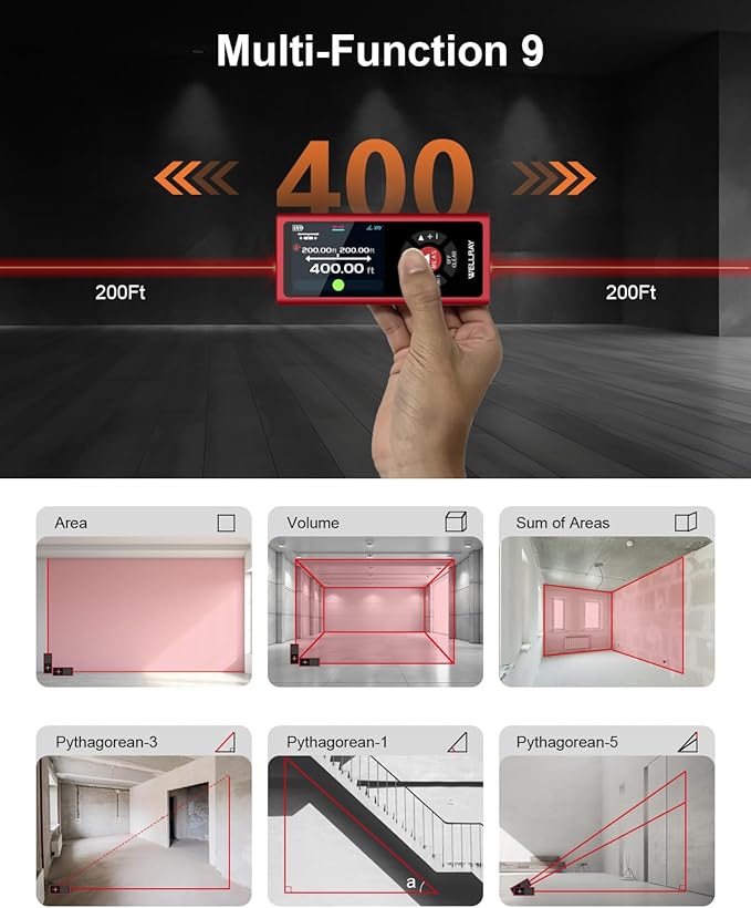 Dual Laser Measuring Tool Aluminum Shell Bi-Directional 400 Ft-in Magnetic Lazer Measurement Rechargeable Laser TapeMeasure Large LCD Digital Tape Measure with Electronic Level Bubble