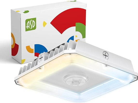 ASD LED Canopy Light 70/60/40W with Q-Base – 3000/4000/5000K 10823Lm 10"x10" 120-277V IP65 Dimmable 0-10V UL & DLC Listed (Optional Motion Sensor-Extra Purchase)