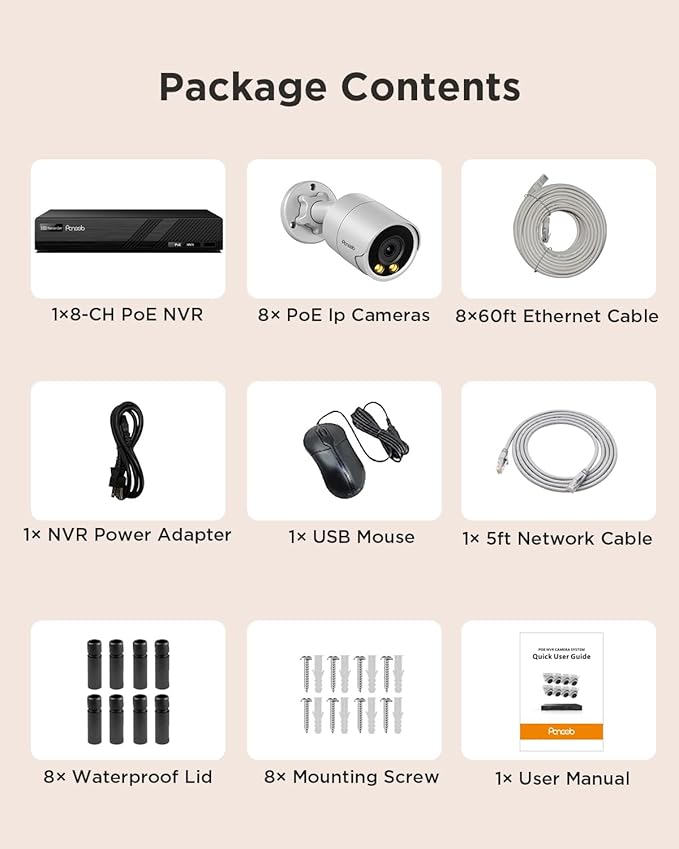 Security Camera System PoE, 8X 4MP Wired Bullet IP Cameras Outdoor Built-in Microphone, AI Human Vehicle Detection, 5MP 8CH NVR with 2TB HDD, Smart Color Night Vision, PB38F0808-4MD