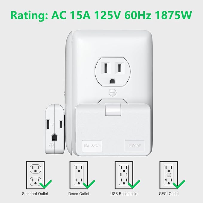 2-Prong/3-Prong Swivel Adapter, Polarized Grounding Converter with Flat Wall Plug, Fireproof 3-Outlet for Home Use (2 Pack)
