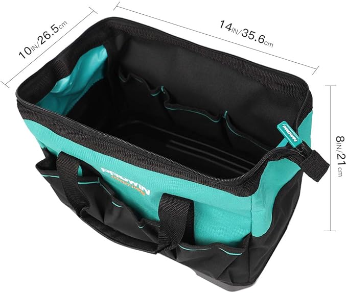 Prowin 14-inch Tool Bag, Multi-pocket Tool Organizer with Plastic Waterproof Bottom, Wide Mouth Tool Tote Bag with Inside Pockets for Construction, Carpentry, Gardening, Electrician, DIY