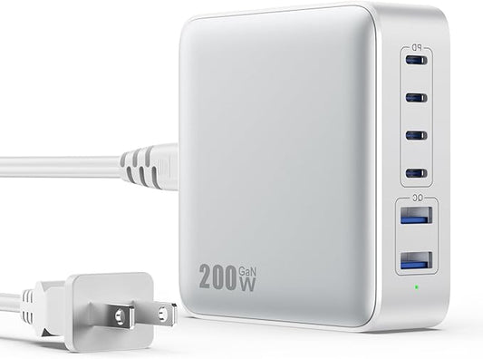 USB C Charger Block 200W[2025 Upgraded] GaN III 6 Port Fast Charging Station Hub,PD 65W USB C Laptop Charger Compatible with MacBook Pro/Air,iPad,iPhone 16/15,Galaxy S23/S24 Steam Deck Dell XPS etc