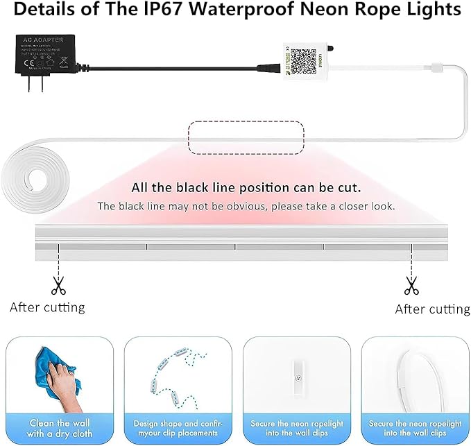 Neon Rope Lights,100FT RGB Led Strip Lights, Waterproof IP67, DIY Design, Music Sync, 44 Keys Remote Control, Multiple Modes, for Living Room, Bedroom, Holiday Decoration