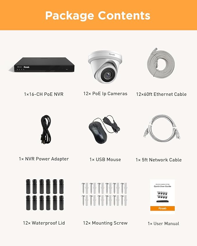 16 Channel Security Camera System, 12x 5MP Wired IP Turret Dome PoE Camera Outdoor, AI Human Detection, Built-in Mic, Remote Access, 4K 16 Channel NVR 4TB HDD for 24-7 Recording, PD93A1216-5M
