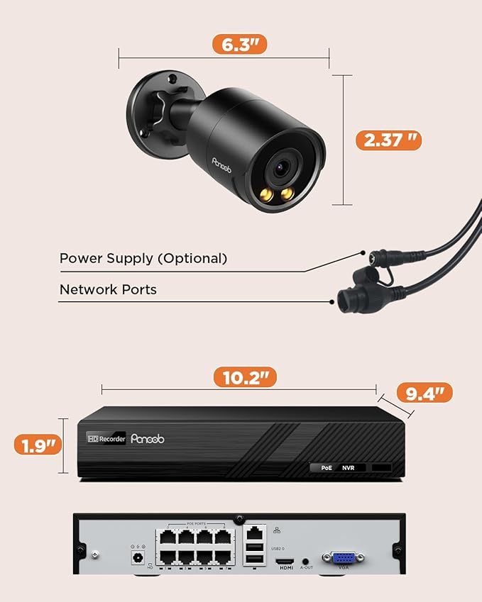 Security Camera System PoE, 4X 4MP Wired Bullet IP Cameras Outdoor Built-in Microphone, AI Human Vehicle Detection, 5MP 8CH NVR with 2TB HDD, Smart Color Night Vision, PB38F30408-4MD?Black