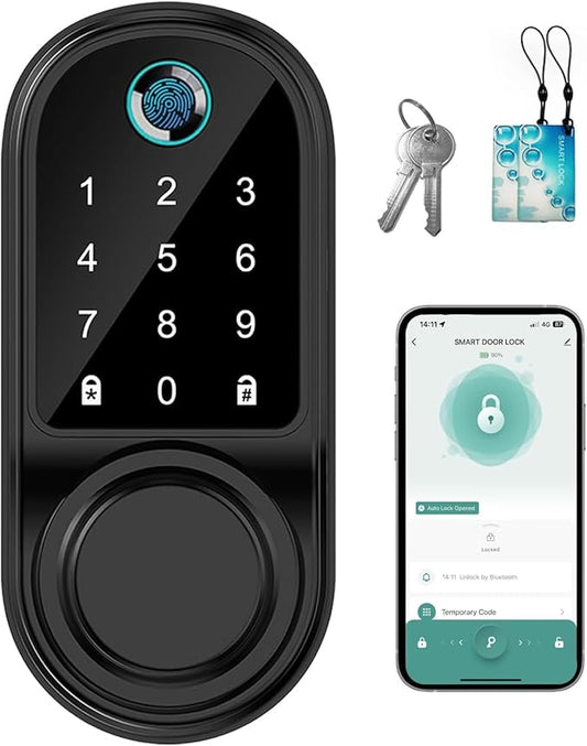 Smart Fingerprint Door Lock, Keyless Entry Door Lock with App Control & Auto Lock, IP66 Weatherproof Digital Electronic Touchscreen Keypad Deadbolt,Biometric Smart Locks for Front Door (Black)