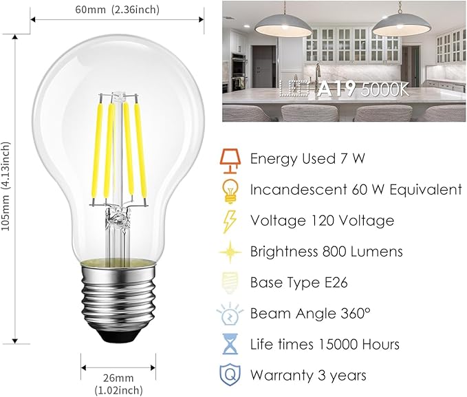 LVWIT A19 LED Vintage LED Filament Bulb E26 Base Dimmable 7W (60W Equivalent)，5000K Daylight White 800 Lumens，Omnidirectional, UL-Listed, Pack of 6