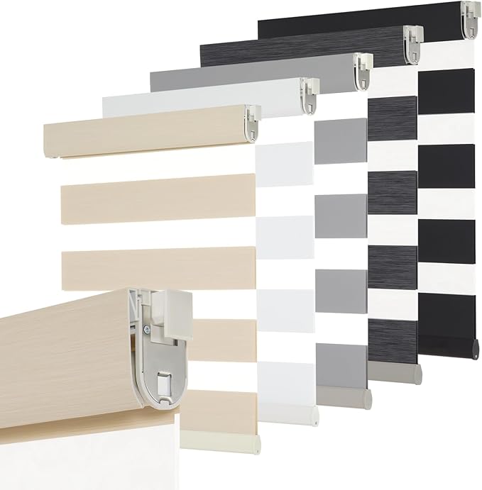 Persilux No Drill No Tool Custom Size Zebra Blind Dual Layer Privacy for Day and Night Window Blinds Light Filtering Cordless Windows Shades for Windows,Easy to Install Thermal Insulated Blinds,Beige