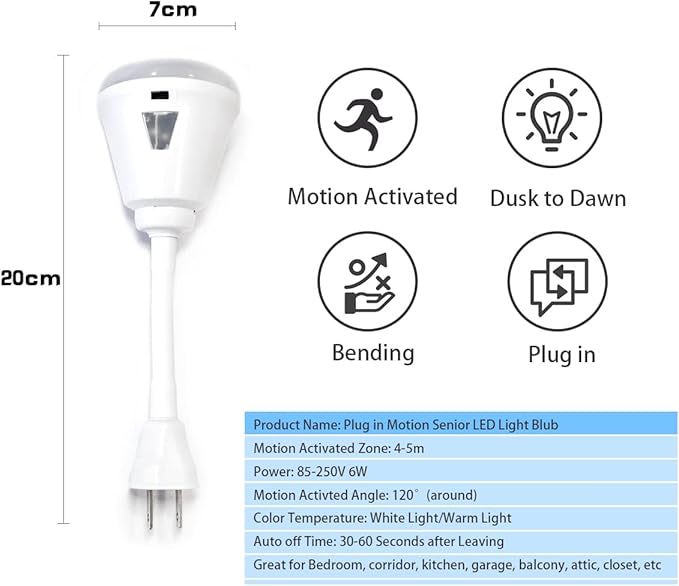 Plug in Motion Sensor Night Light, LED Infrared Sensor Light 6W Light AC 85-265V PIR Infrared Sensor Motion Detector Light Bulb Lamp (Warm Light, US Plug)