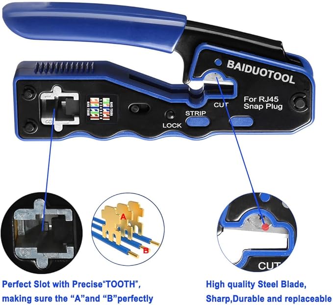 RJ45 Crimp Tool Kit Pass Through Crimper Cutter for Cat5 Cat5e Cat6 Cat6a 8P8C Modular Connector All-In-One Cat6 Crimping tool Etrhernet Crimper Tool and Tester(9V Battery Not Included)