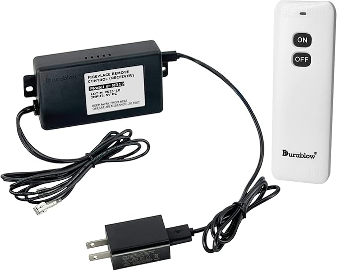 Durablow TR2001 Gas Fireplace On/Off Remote Control Kit for Millivolt Valve or Electronic Ignition Module, Plug-in Design Receiver Box with 100-240VAC Input, Wireless Fireplace Remote Control