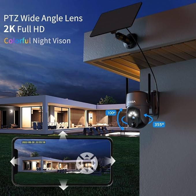 Xega 2 Pack Security Camera Wireless Outdoor 2K 360° PTZ Camera Solar Security Cameras 2.4G WiFi Video Surveillance w/Spotlight & Siren, Color Night Vision, AI Motion Detection, 2-Way Talk, IP66