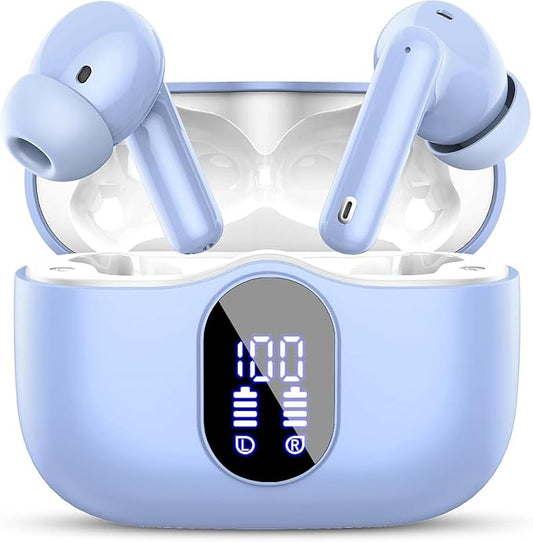 Wireless Earbuds, Bluetooth 5.4 Headphones Bass Stereo, Ear Buds with Noise Cancelling Mic, IP7 Waterproof in Ear Earphones, 36H LED Display Bluetooth Earbuds for Laptop Pad Phones Sports, Pale Blue