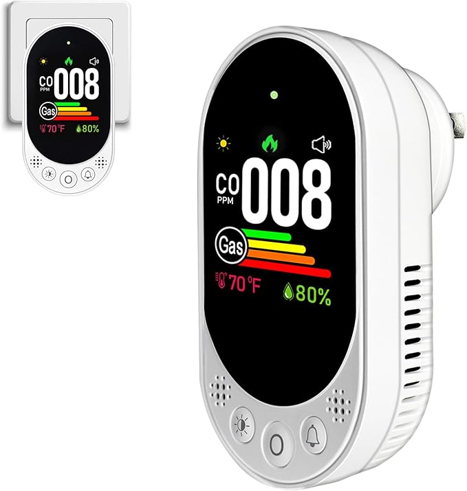 Plug-in CO and Gas Detector, 4-in-1 Combination Natural Gas and Carbon Monoxide Detector,Detect Co,Gas,Temperature,Humidity Values Suitable for Home,Outdoor Camping RV Occasions