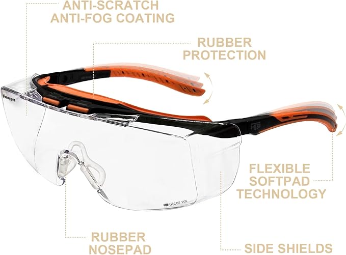 HUNTERSKY ANSI Z87 Anti Fog Lab Safety Glasses Fit Over Eyeglasses Up to 1.88 inch 100% UV Protective Goggles