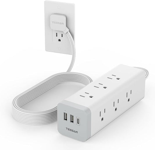 Surge Protector Power Strip 10 FT, TESSAN Ultra Thin Flat Plug Long Extension Cord with 9 Outlets 3 USB(1 USB C), 1050J Protection Desk Charging Station for Home, Indoor, Office, Dorm Room Essentials