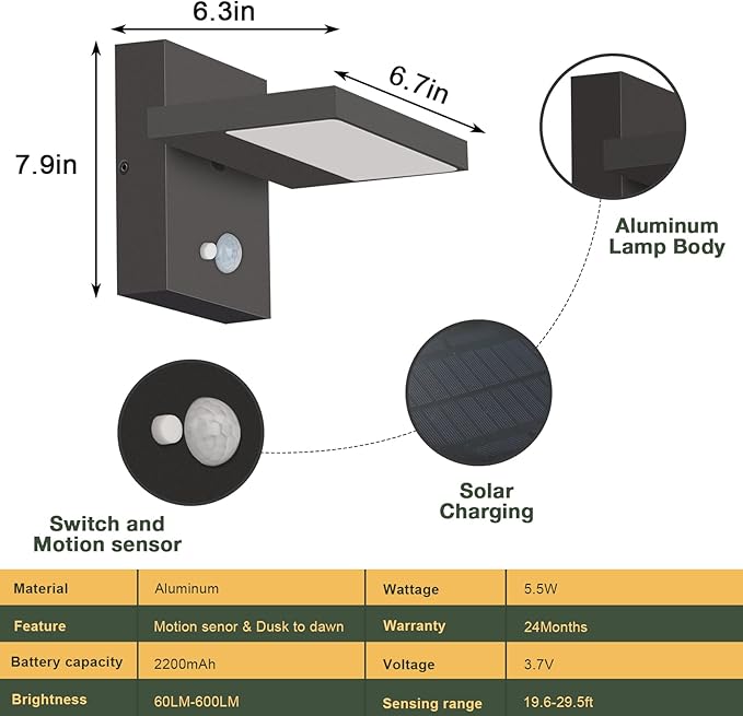 Lustrlach Solar Lights Motion Sensor Outdoor Wall Sconce Waterproof LED Dusk to Dawn Solar Porch Light with Adjustable Lamp Head,Black 3000K Modern Exterior Light Fixture