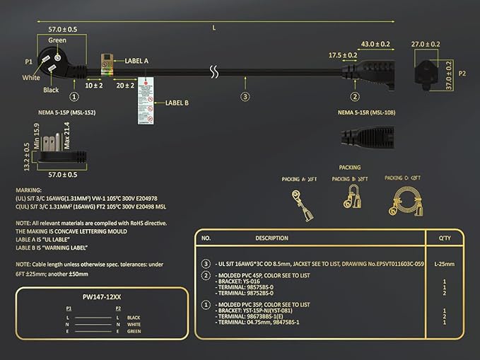 Ultra Low Profile Power Extension Cord (NEMA 5-15P to NEMA 5-15R) UL Listed (3 Foot (1 Pack), Black)