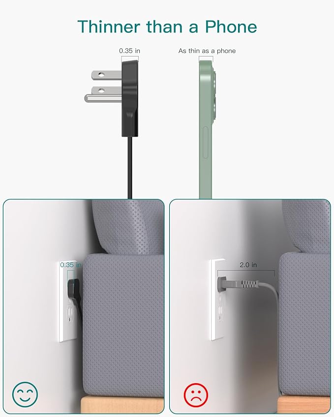 Extension Cord Flat Wall Plug - Surge Protector Power Strip with 12 Outlets, 5ft, Outlet Extender with Multiple Outlets, Wall Mount, Desk Charging Station for Home Office Dorm Room Essentials, Black