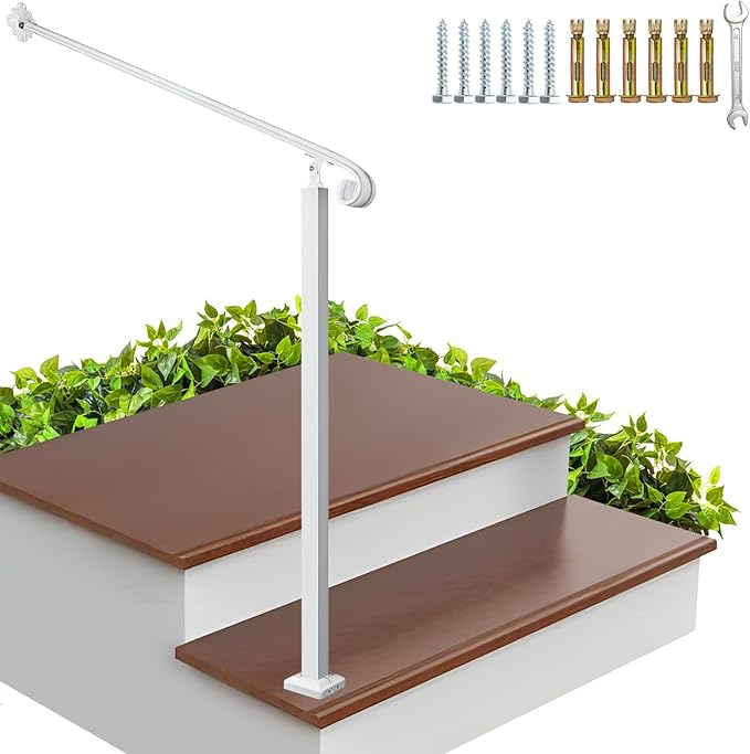 Adjustable Handrail 1-2 Step, Wall&Floor Mounted Wrought Iron Handrails, Handrails for Outdoor Steps, Stair Rail with Installation Kit Hand Rail, White