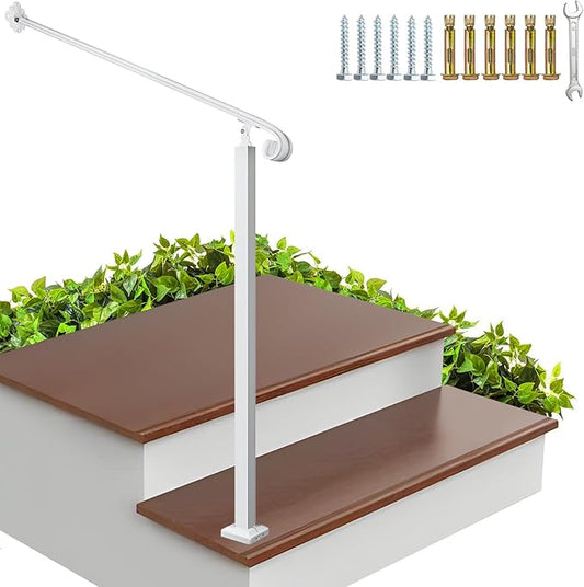 Adjustable Handrail 1-2 Step, Wall&Floor Mounted Wrought Iron Handrails, Handrails for Outdoor Steps, Stair Rail with Installation Kit Hand Rail, White