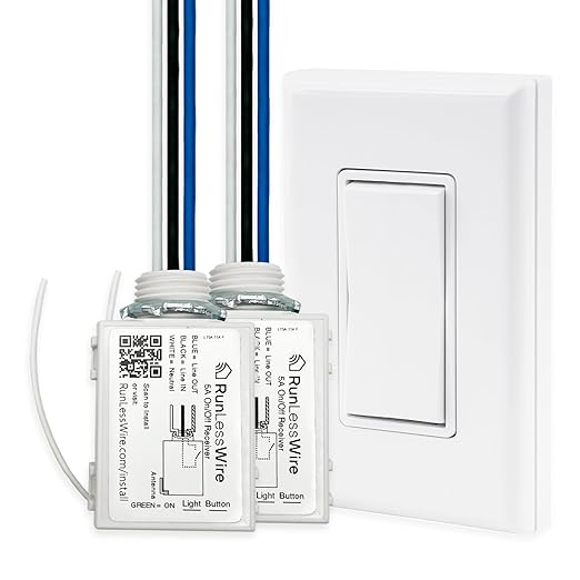 RunLessWire 2 Fixture Battery-Free DIY Kinetic Wireless Light Switch Kit 150ft RF Range for Different Fixtures or Outlets: 1 Remote Switch Controls 2 5A On/Off Receivers Simultaneously – White