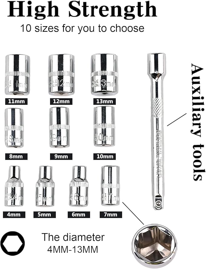 Egofine 12pcs 1/4 Inch Mini Ratchet Socket Wrench Set, Drive Socket Set with 10 Sockets (4-13mm) and 2 Way Quick Released Ratchet Handle and Extension Bar