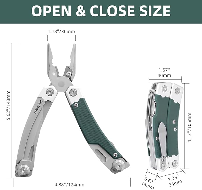 HANSHI G10 Handle Multitool Pliers with YG10 Tungsten Steel Replaceable Wire Cutters 12 in 1 Multi Tool Pocket Knife with Safety Lock,Saw,Bottel Opener for Camping,Survival with Nylon Sheath (green)