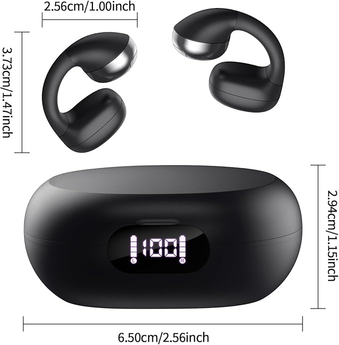 CXK Open Ear Headphones, Bluetooth 5.4 Bluetooth Earbuds Flexible Ear Clip Design Bone Conduction Headphones with LED Digital Display 30H Playtime Lightweight Comfort Clip on Earbuds for Workout