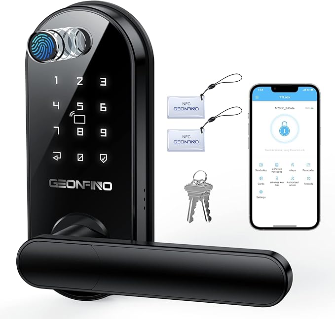 GEONFINO Smart Door Lock 6-in-1 Fingerprint Door Lock with Anti-Peeping, Black Keyless Door Lock with Biometric Handle for Home