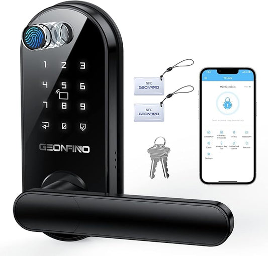 GEONFINO Smart Door Lock 6-in-1 Fingerprint Door Lock with Anti-Peeping, Black Keyless Door Lock with Biometric Handle for Home