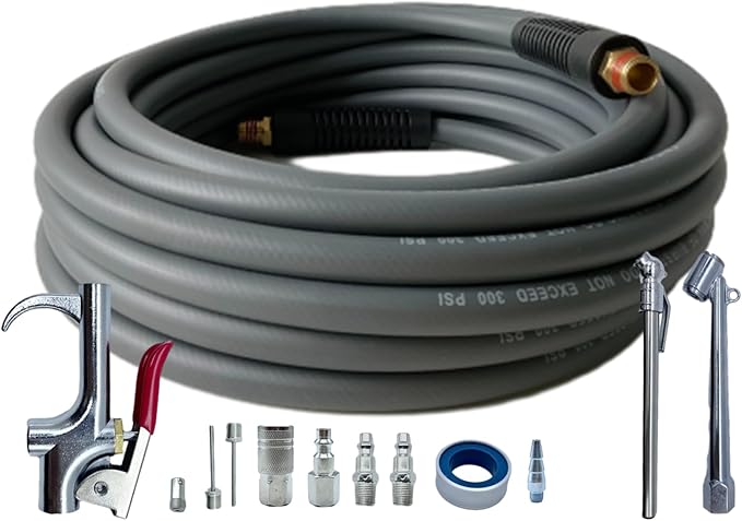 Air Hose 1/4 in x 30 ft, Hybrid Air Compressor Hose Kit with 1/4 in NPT Male Threads, 13 Piece Air Tool & Air Compressor Accessories Kit, Bend Restrictors, 300 PSI (Grey, 30FT-13 Pieces)