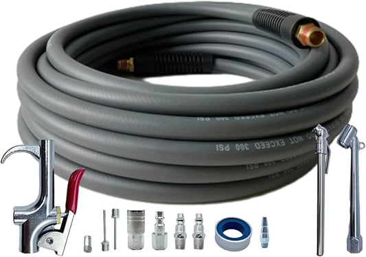 Air Hose 1/4 in x 30 ft, Hybrid Air Compressor Hose Kit with 1/4 in NPT Male Threads, 13 Piece Air Tool & Air Compressor Accessories Kit, Bend Restrictors, 300 PSI (Grey, 30FT-13 Pieces)