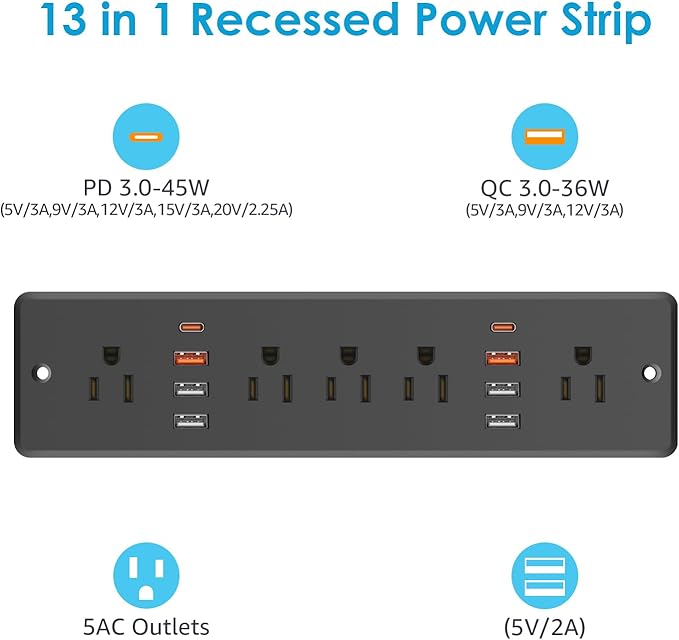 HHSOET 45W Fast Charging Recessed Power Strip Flat Plug, 13 in 1 Furniture Outlet with USB, Conference Recessed Surge Protection Socket with 5 AC Plugs, 6 USB Ports 2 USB-C, 10ft Power Cord.(Black)