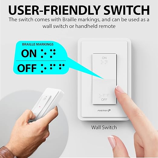 Fosmon Wireless Remote Control Electrical Outlet Switch (2 Pack) - ETL Listed, (15A, 125V 1875W) Remote Light Switch Outlet Plug with Braille (On/Off) Mark for Lamp, Lights, Fans, Expandable