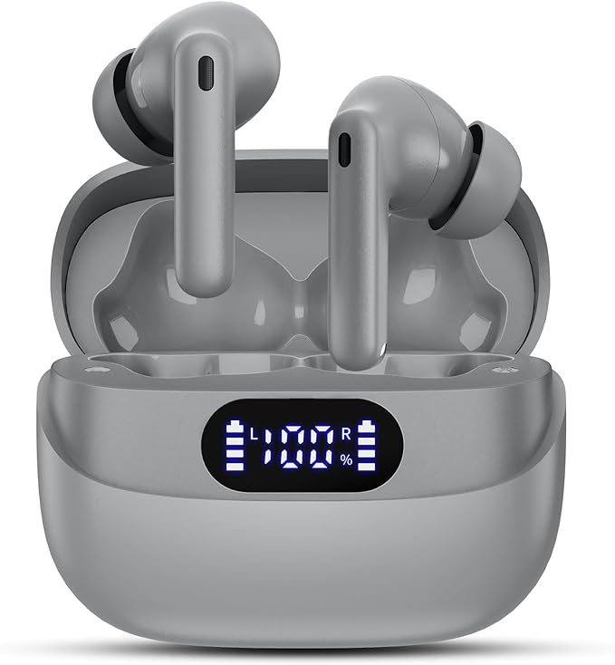 Wireless Earbuds, 42H Playtime Bluetooth 5.3 Headphones, HiFi Stereo Call Noise Cancelling Earbuds, IPX7 Waterproof Stereo in-Ear Earphones with LED Display for iOS Android (Gray)