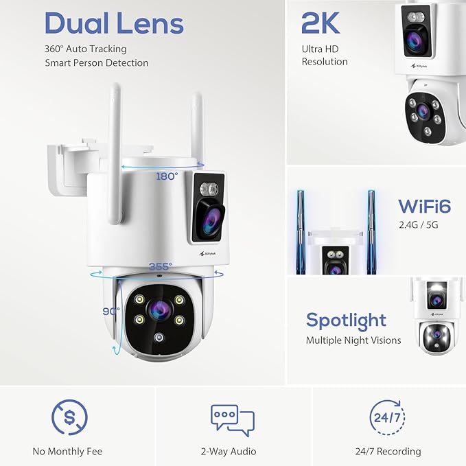 Kittyhok Dual Lens Wireless Security Camera System, 6pcs 2K Outdoor Camera with 2.4/5GHz WiFi, Pan & Tilt, Auto Tracking, Human Detection, Color Night Vision, 16CH WiFi 6 NVR, KWDP164 Bundle with CDP2
