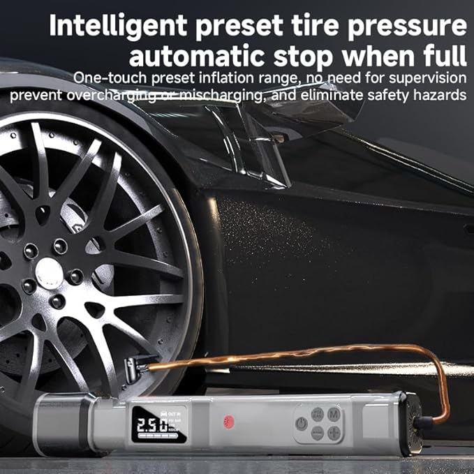 Portable Air Pump & Tire Inflator 3-in-1 Emergency Tool Kit – High-Power LED Flashlight, 150 PSI Cordless Compressor, 12 V DC & Rechargeable Battery, Digital Pressure Gauge for Car, Bike, Motorcycle,