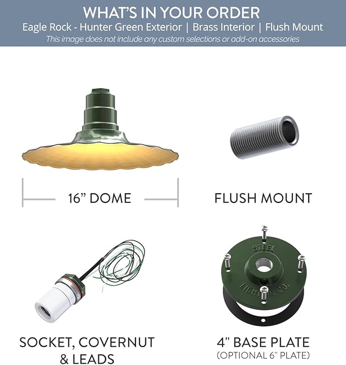 Steel Lighting Co. Eagle Rock Pendant | Ceiling Mounted Light | 16 inch Radial Wave | Flush Mount | Heavy Duty Steel Retro Farmhouse Style Made in America | Hunter Green Exterior/Brass Interior