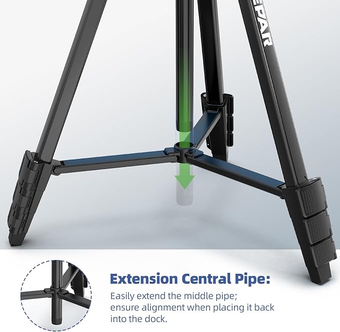 Huepar 60-Inch Lightweight Tripod Portable Adjustable Tripod for Laser Level with 3-Way Swivel Pan Head, 2 Bubble Levels, 1/4" and 5/8" Thread Mount for Varieties Tools, Only for Indoor Basic Work