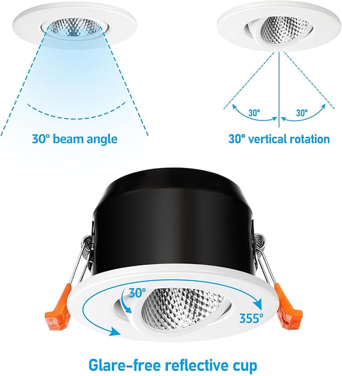 TORCHSTAR 12-Pack 3 Inch Gimbal LED Recessed Light with Junction Box, 7W CRI90+ Dimmable Adjustable Eyeball Canless LED Downlight, 4000K Cool White, Airtight IC, ETL