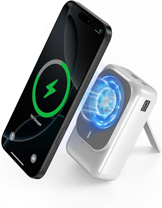 Magnetic Wireless Power Bank 26800mAh, PD 22.5W Type-C Fast Charging Portable Charger 5 Outputs, Battery Pack for Magsafe Built in Cables with Stand LED Display for iPhone 16/15/14/13/12 Series-White