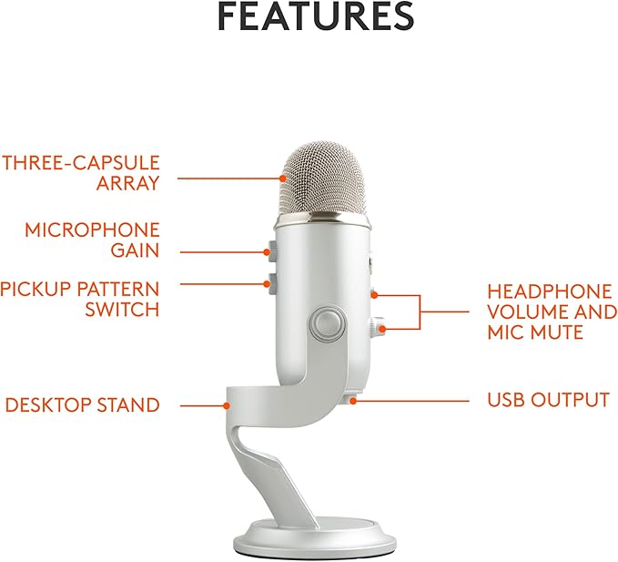 Blue Microphones Yeti Silver USB Mic for Recording, Streaming & Gaming on PC and Mac with Blue Voce Effects 4 Pickup Patterns, Headphone Output, Volume Control, Mic Gain Control, & Adjustable Stand
