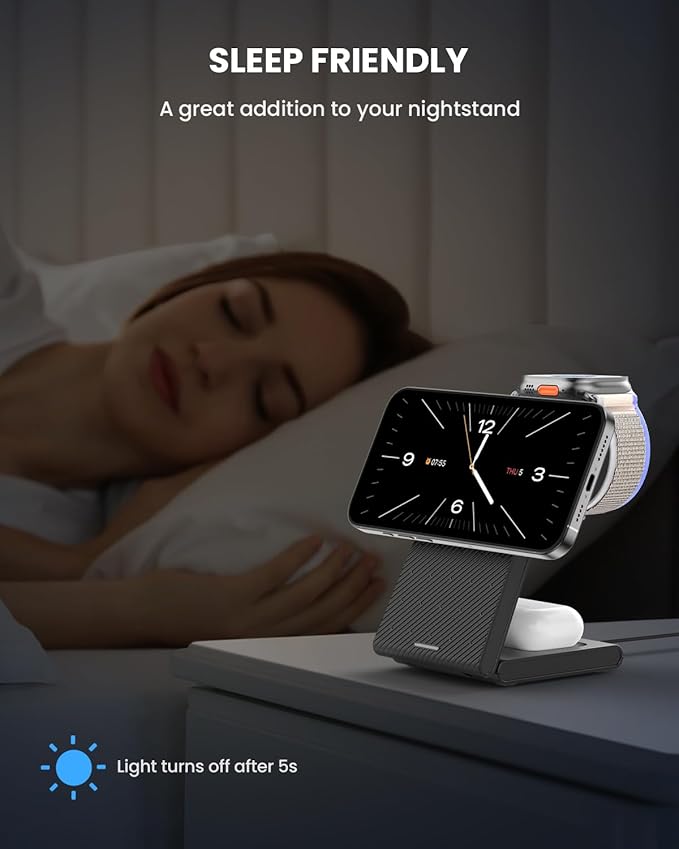 Wireless Charger Magnetic for Apple Devices - JoyGeek 3 in 1 Foldable Charging Station for Magsafe Compatible with iPhone 16 15 14 13 12 Pro Max Plus, Apple Watch 10 9 8 7 6 5 4 SE, AirPods 4/3/2/Pro