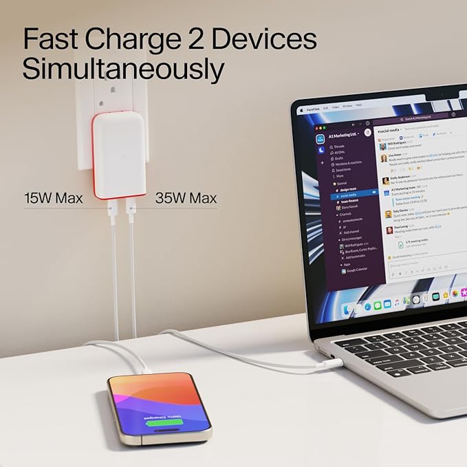 Twelve South PlugBug Travel 50W Charger Block, 2-USB Type C Port Fast Charging for iPhone, iPad, MacBook & More, with Apple Find My Integration, Folding Prongs & Adapters for US, CN, AU, EU, UK, KR