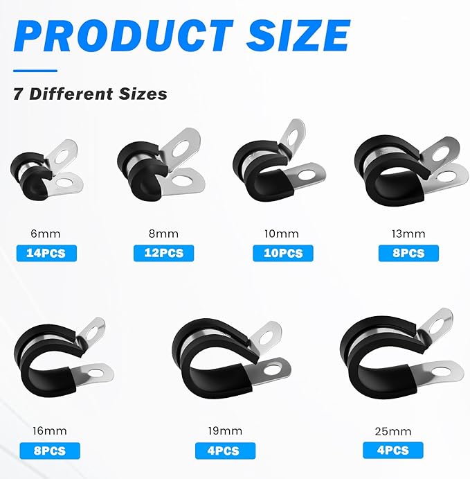 60 Pcs Cable Clamps Assortment Kit, 7 Sizes 304 Stainless Steel Metal Cable Clamp 1/4" 5/16" 3/8" 1/2" 5/8" 3/4" 1" Insulated Wire Clamps Cushion Rubber Coated Pipe Hose Clamp for Pipes and Hoses