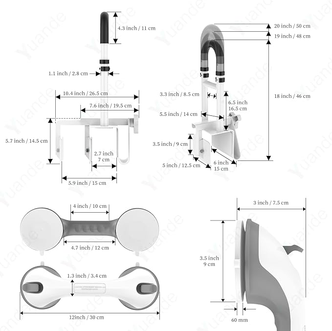 Bathtub Grab Bars with Suction Grab Bars, YuanDe 20x6 Inch Adjustable Bathtub Safety Rail Height & Width, Heavy Duty Tub Handle Grab Bar, Bath Handles Clamp for Elderly Seniors Injury Disabled