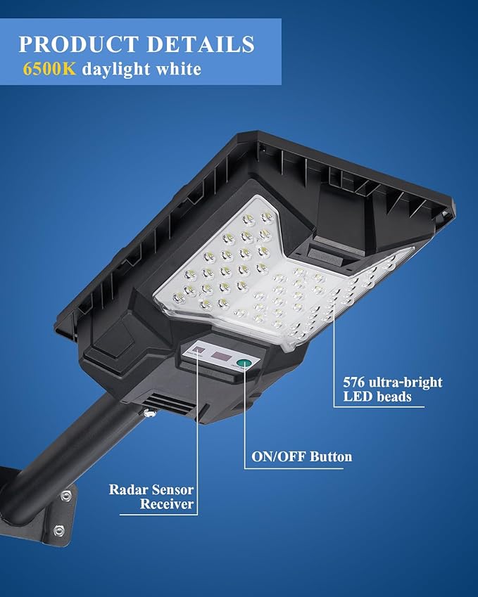 Solar Street Light Outdoor, 20000LM 6500K Waterproof Motion Sensor LED Solar Powered Flood Light with Remote Control,Dusk to Dawn Commercial Area Lighting for Outside Parking Lot, 2-Pack