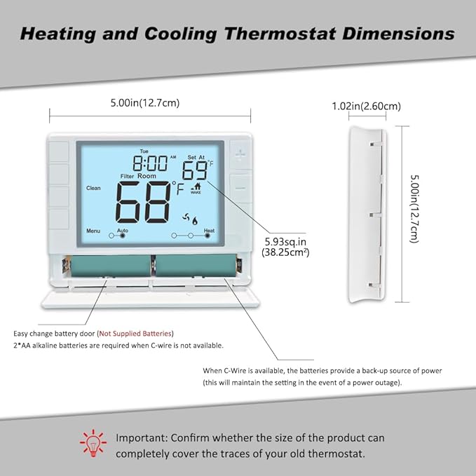 Programmable Thermostat, Thermostat for Home HVAC Systems,Multi-Stage, 2 Heat/2 Cool, White Backlight